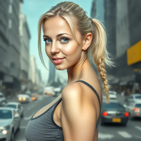 foto realistic, one girl, 24 years, perfect face, beautiful face, perfect breasts, tanktop, large ayes, blonde, medium breasts