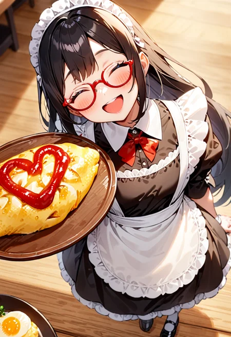 masterpiece, best quality, very aesthetic, absurdres,
1girl, solo, glasses, black hair, long hair, maid headdress, maid, maid apron, black dress, happy, smile, looking at viewer, closed eyes, open mouth, standing, holding tray,
omurice_heart, still life, food focus, plate, food, heart, ketchup, ketchup in a heart shape, wooden table,
<lora:omurice_heart_SDXL_V1:1>