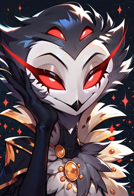 masterpiece, score_9, score_8_up, score_7_up, score_6_up, score_5_up, masterpiece, best quality, ultra-detailed, high resolution, solo, highly detailed portrait, stolas, from helluva boss, owl demon, close-up, long beak, black feathers, red eyes, regal expression, (elegant pose), (beautiful detailed eyes), ((focus on face)), sharp focus, perfect lighting, dark background, high contrast, high detail, expressive face, smooth shading, royal atmosphere, zPDXL2