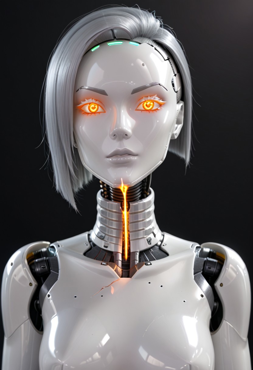 A 35mm photo of a beautiful broken robotic woman, she has a faceless robotic head, robot, silver hair, smooth dark grey metallic featureless feminine body, sparks coming from her broken neck
no face