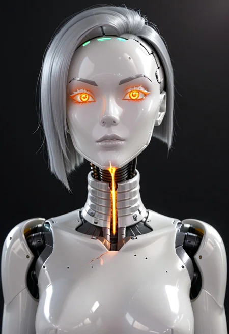 A 35mm photo of a beautiful broken robotic woman, she has a faceless robotic head, robot, silver hair, smooth dark grey metallic featureless feminine body, sparks coming from her broken neck
no face