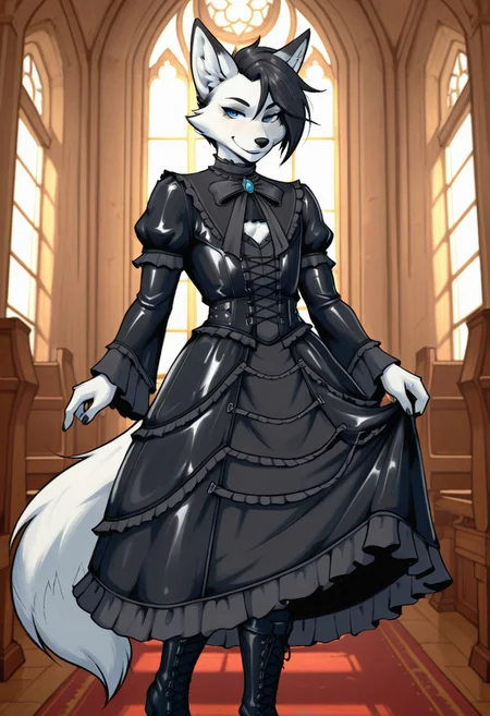 solo, furry, fox, man, male, slim, androgynous, white fur, short hair, black hair, sidecut, blue eyes, taunting smile, black gothic dress, gothic clothing, big ribbon on his chest, black leather boots, in a church, styleakramness, vehn