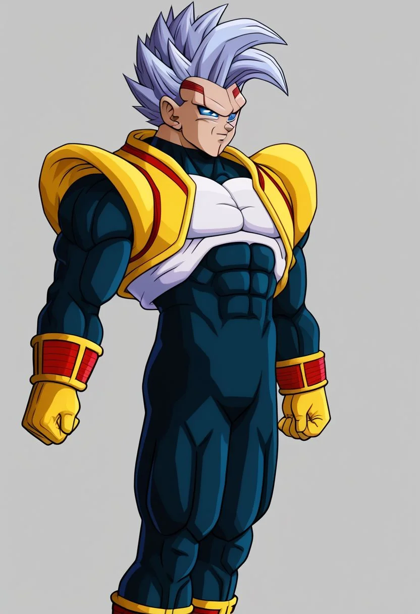 baby vegeta, solo, 1boy, grey hair, blue eyes , male focus, muscle body, big chest, big pecs, Big legs, black Lycra, handsome, best quality, high quality,