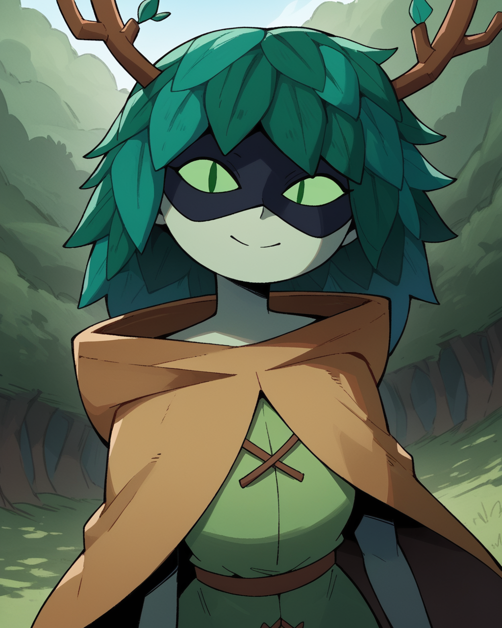 score_9, score_8_up, score_7_up, 1girl, huntress wizard, green hair, green skin, slit pupils, antlers, brown cape, green tunic, smile, closed mouth, portrait, from above, dutch angle, cloak, dynamic angle, outdoors, forest, nature,  <lora:HuntressWizard_PDXL:0.9>