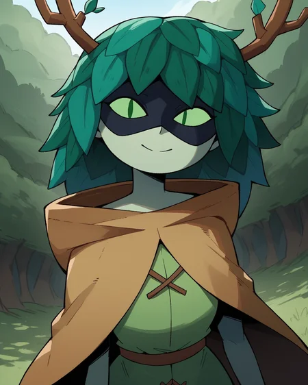 score_9, score_8_up, score_7_up, 1girl, huntress wizard, green hair, green skin, slit pupils, antlers, brown cape, green tunic, smile, closed mouth, portrait, from above, dutch angle, cloak, dynamic angle, outdoors, forest, nature, <lora:HuntressWizard_PDXL:0.9>