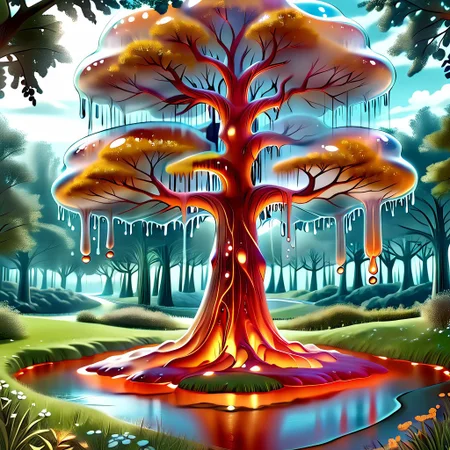 a forest made out of slime, dense-forest, Yggdrasil, a vast tree made out of slime, A large tree made out of slime, brown slime tree, translucent tree, transparent tree, 
everything made of slime, No simple background, ((slime tree)), 
((translucent slime)), ((transparent slime)), (bioluminescent slime), sl1m3, slime, slime-morph, ais-blmn, saturated colors, no creatures, no monsters, no pokemon, scenery only, scenery, ral-lava,