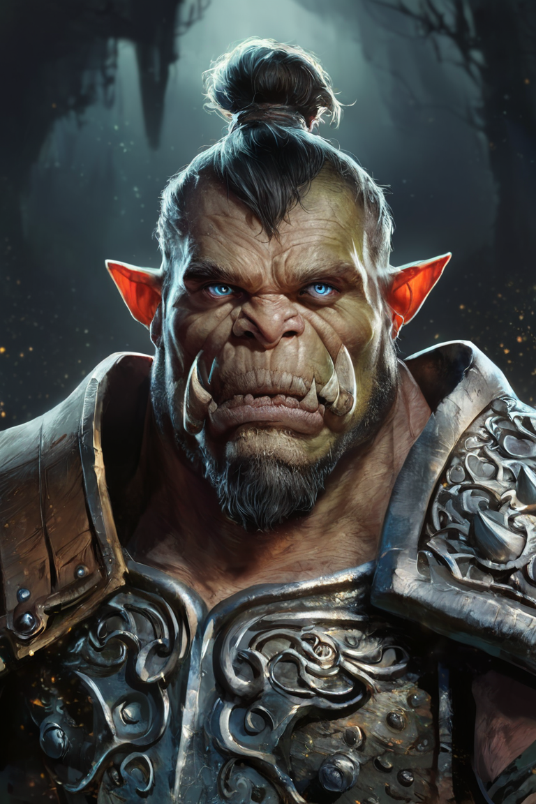 score_9, score_8_up, score_7_up, rating_safe, 1boy, solo, male focus, mature male, orc, green skin, tusks, blue eyes, short hair, black hair, facial hair, beard, mustache, looking at viewer, armor, shoulder armor, breastplate, pauldrons, chainmail, upper body, closed mouth, standing, outdoors, night, night sky, dark background <lora:Concept Art Brush Style LoRA_Pony XL v6:1>