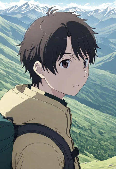 high resolution, solo, best quality, 1Boy, Inaho Kaizuka, Black Hair, Brown Eyes, landscape, upper body, look at the view behind, upper body, high mountain, hiking gear, , OverallDetail