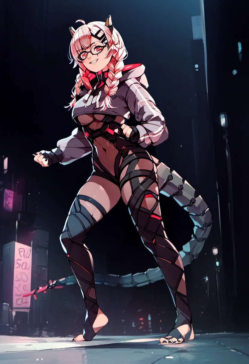 <lora:Saruei_for_PonyXL:1>, saruei, 1girl, solo, braid, scar across eye, mechanical tail, glasses, hood, gloves, bodysuit, toeless legwear, looking at viewer, twin braids, black nails, hair ornament, cyberpunk city street, smile, standing, stirrup legwear, hoodie, ahoge, horns, hood down, partially fingerless gloves, hairclip, score_9, score_8_up, score_7_up, score_6_up, score_5_up, score_4_up