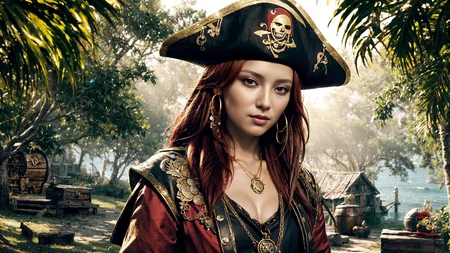 (young redhead pirate woman), (portrait), sharp focus, (ultradetailed), (standing), (happy) smile, pirate (ship galleon:1.2,  hoop earrings, gold medallion, Medium Dark Redpirate clothes, pirate hat, hips, (pirate parrot:1.2),  pirate (village), leafy beach coast, (treasure chest with coins, gems and jewels:1.2), rum barrel, best quality masterpiece,  bright sunny sky, backlight, natural lights, high contrast, hdr, shadows, pretty, beautiful, feminine, sexy, adorable, lovely, in love, (PirateDiffusionprt:0.5),  <lora:Pirate:0.3>  PrateT  <lora:PirateRealms:0.3> <lora:Detail Tweaker LoRA add_detail:0.8> <lora:depth_of_field_slider_v1:5> <lora:SDXLrender_v2.0:0.9>
