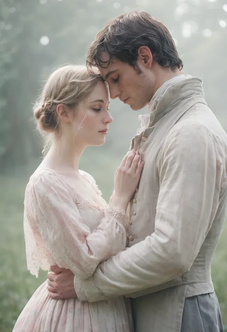 A dreamy, soft-focus photograph capturing a romantic Jane Austen movie scene, in the style of Agnes Cecile. Delicate watercolors, misty background, Regency-era couple, tender embrace, period clothing, flowing dress, dappled sunlight, ethereal glow, gentle expressions, intricate lace, muted pastels, serene countryside, timeless romance, poetic atmosphere, wistful mood.