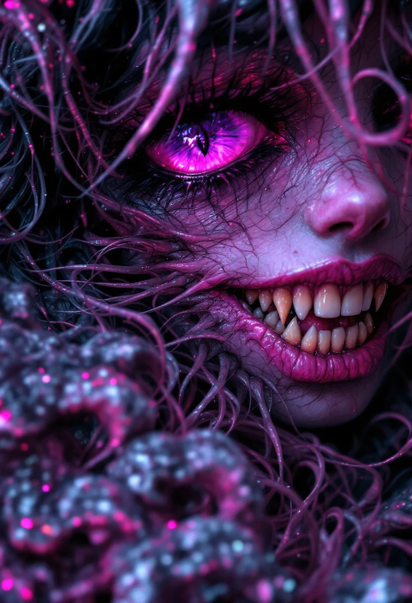 close up of a face, breathtaking Audrey Kawasaki style of a beautiful female corrupted chaos (slaanesh daemonette:1.2), (close up:1.2),dark allure, ,pink and purple themes, big devils smile with many sharp demonic teeth,
highly detailed dreamy background
detailed skin texture, subsurface scattering award-winning, professional, highly detailed . dreamlike, mysterious, provocative, symbolic, intricate, detailed