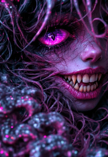close up of a face, breathtaking Audrey Kawasaki style of a beautiful female corrupted chaos (slaanesh daemonette:1.2), (close up:1.2),dark allure, ,pink and purple themes, big devils smile with many sharp demonic teeth,
highly detailed dreamy background
detailed skin texture, subsurface scattering award-winning, professional, highly detailed . dreamlike, mysterious, provocative, symbolic, intricate, detailed