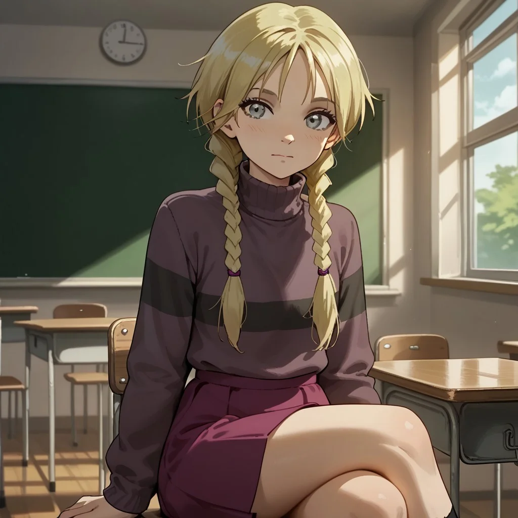 score_9, score_8, score_7, break, elyon_b, 1girl, blonde hair, twin braids, grey eyes, sweater, turtleneck, skirt, cute, sitting, crossed legs, classroom, looking at viewer