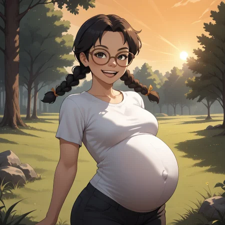 score_9, score_8, BREAK, solo, mii, wii, black eyes, brown glasses, small nose, half circle nose, big mouth, open mouth, teeth, mole under mouth, black hair, low braids, white clothing, black pants, shoes, blush, 1girl, female mii, cute, medium breasts, keiko_(\Wii_Sports\), wii Sports, Nintendo Mii, modern_mii, classic_mii, pregnant, adult female, mature female, sexy pose, self portrait, smile, outdoors, sunlight, shadows, evening lighting, natural lighting, forest, trees, grass, orange sky, sunset,