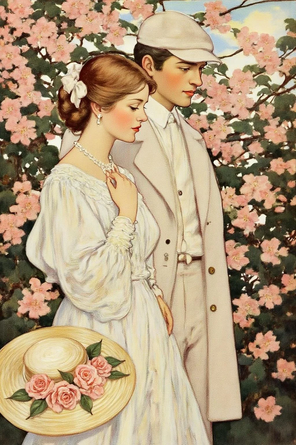 jessiewillcoxsmith1 illustration.
A woman and a man standing close together, surrounded by blooming pink flowers. The woman, shown in side profile, is in a flowing white dress with lace details, and the man is in a light coat and soft cap. In the foreground is a wide-brimmed hat adorned with pink roses. The background is filled with blossoms.
<lora:jessiewillcoxsmith1_cap_d8a4e12:1.0><lora:850653500563042423:0>