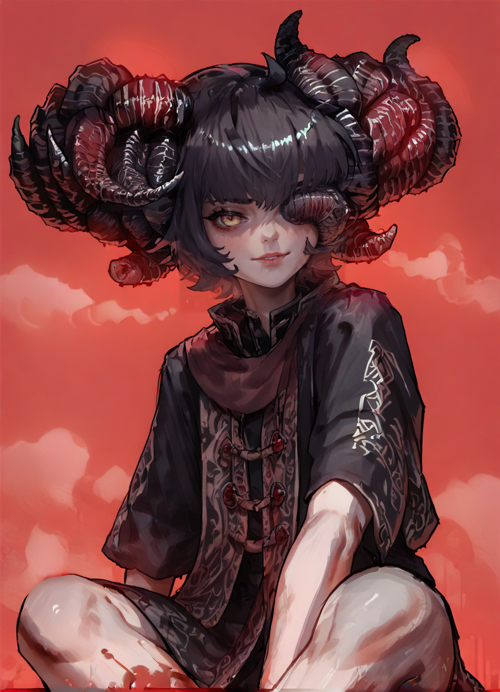 Action Figure of score_9, score_8_up, score_7_up, source_anime, sketch,score_6,monochrome, glitch, sitting,blush,  lights,blurred background, mohg lord of blood, (fog:1.2),blood,red background, solo,horns,  <lora:Mohg_Lord_of_Blood:1>