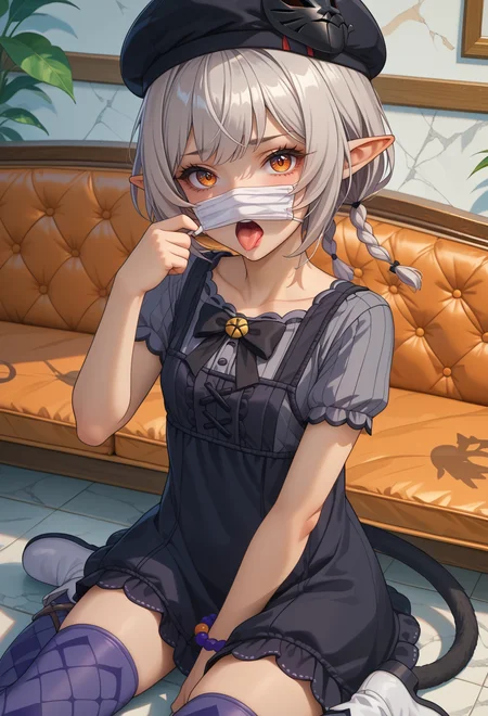 score_9, score_7_up, source_anime, BREAK <lora:AEArchie:0.8> AEArchie, orange eyes, brown eyes, grey hair, short hair, low twintails, twin brainds, pointy ears, animal ears, braid, cat tail, dark-skin, mole under eye, tail bow, black headwear, beret, black bow, grey shirt, short sleeves, black dress, short dress, center frills, bead bracelet, watch, argyle legwear, grey thighhighs, purple thighhighs, blue thighhighs, boots, cross-laced, white footwear, zettai tyoiki,
hand between legs, indoors, looking at viewer, from above, open mouth, saliva, tongue out, face_focus, (mask pull:1.5),