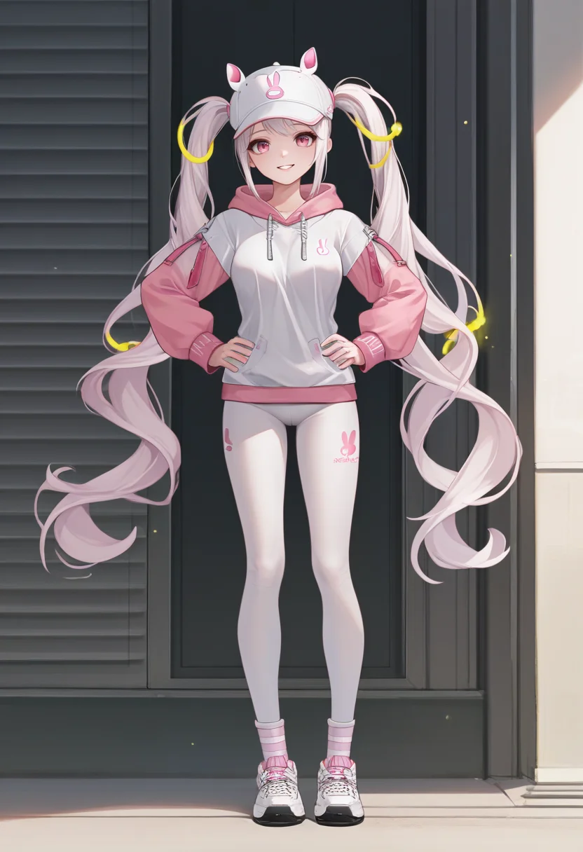 score_9, score_8_up, score_7_up, source_anime BREAK 1girl, solo, <lora:alice-nikke-richy-v2_pdxl:1> alicehdi, pink eyes, white hair, twintails, very long hair, floating hair ornament, white hat, fake animal ears, hair through headwear, medium breasts, white hoodie, pink sleeves, white leggings, standing, full body, parted lips, smile, looking at viewer, sneakers, socks, hands on hips