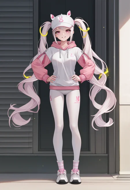 score_9, score_8_up, score_7_up, source_anime BREAK 1girl, solo, <lora:alice-nikke-richy-v2_pdxl:1> alicehdi, pink eyes, white hair, twintails, very long hair, floating hair ornament, white hat, fake animal ears, hair through headwear, medium breasts, white hoodie, pink sleeves, white leggings, standing, full body, parted lips, smile, looking at viewer, sneakers, socks, hands on hips