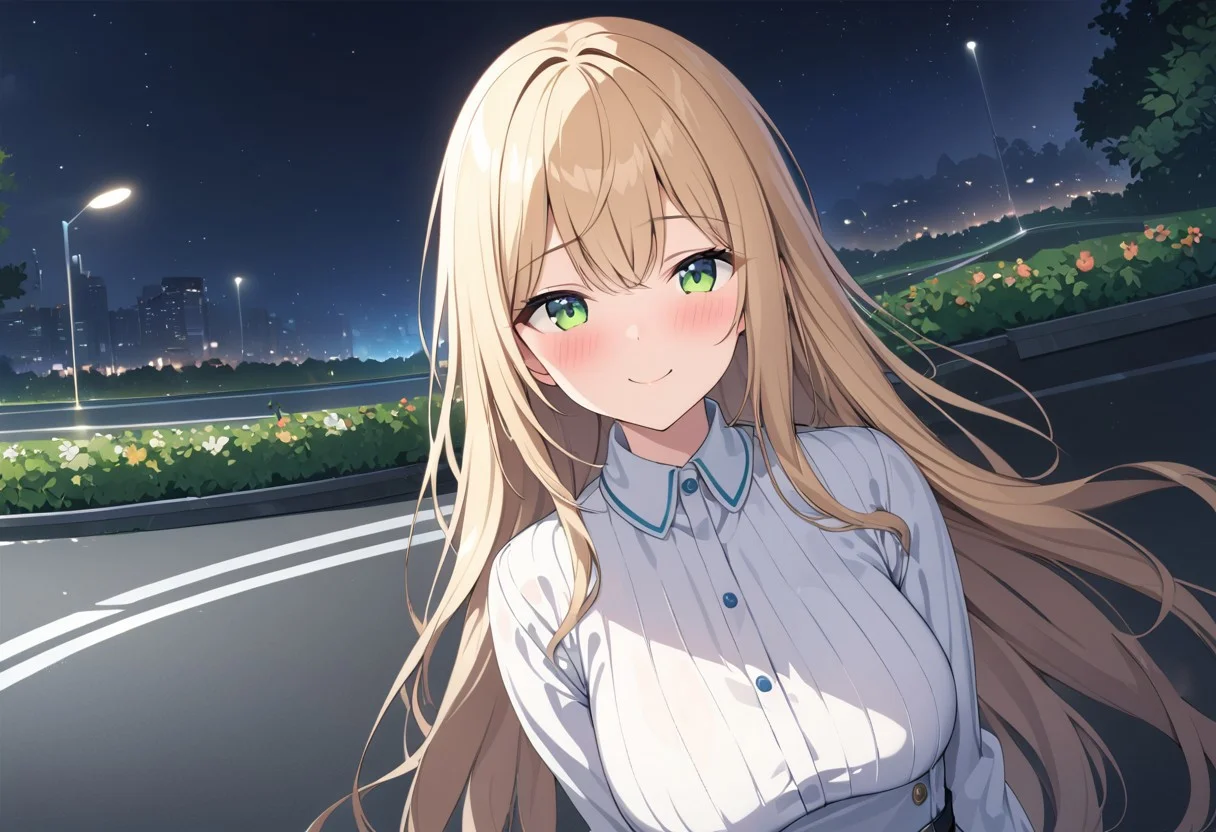 (extremely detailed CG unity 4k wallpaper),(masterpiece),(best quality),(ultra-detailed),(best illustration),(best shadow),(absurdres),(detailed background), (high res image), (High image quality),(Wide angle), (wide shot),
1girl, solo,
Smiling, blushing,
long hair, breasts,
Blonde hair, Green eyes,
A cute white dress
medium breasts,
In a park with a night view.