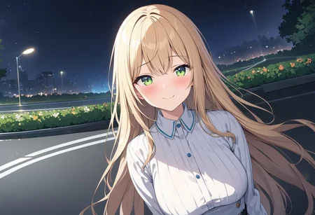 (extremely detailed CG unity 4k wallpaper),(masterpiece),(best quality),(ultra-detailed),(best illustration),(best shadow),(absurdres),(detailed background), (high res image), (High image quality),(Wide angle), (wide shot),
1girl, solo,
Smiling, blushing,
long hair, breasts,
Blonde hair, Green eyes,
A cute white dress
medium breasts,
In a park with a night view.