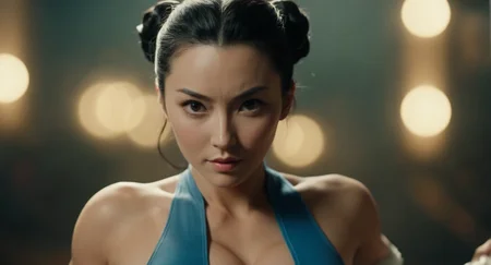 cinematic film still of  Cinematic Film stock footage in (arri alexa style) Kodak film print,   <lora:chun li:1> Chun-Li a cartoon picture of a woman with a big breast, shallow depth of field, vignette, highly detailed, high budget, bokeh, cinemascope, moody, epic, gorgeous, film grain, grainy