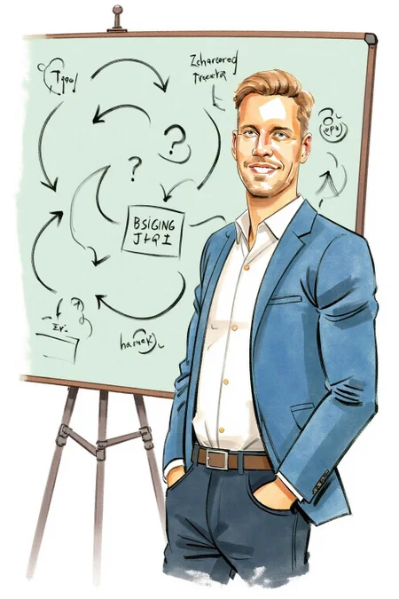 watercolor illustration.
A man stands in front of a large whiteboard giving a presentation. He is dressed in a blue blazer over a white shirt and dark pants. . He has short, light brown hair and a confident smile, with light stubble on his face. His left hand is in his pocket, and his right arm is in front of the whiteboard. <lora:watercolor.comic1_cap_d6a3:1.0><lora:830631084598473628:0>