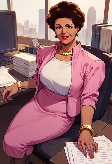 score_9, score_8_up, score_7_up BREAK AmandaWaller, 1girl, dark brown hair, brown skin, brown eyes, red lipstick, gold earrings, gold necklace, left wrist gold bracelet, open pink suit jacket, white undershirt, pink skirt, black high-heeled shoes, mature woman, sitting inside dark office, dark office, smiling at viewer, solo, solo focus, female focus,