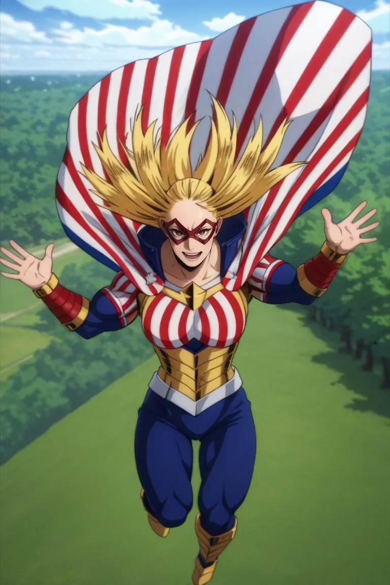 score_9, score_8_up, score_7_up, source_anime, rating_safe, , (realistic:0.6), looking at viewer, depth of field, 1girl, solo, <lora:cathleen_bate_pony:1>, cathleen_bate, blonde hair, brown eyes, long hair, superhero, cape, muscular, bodysuit, american flag, mask, from above, trees, autumn, leaves, day, clouds, jumping, laughing, , <lora:sdxl_lightning_8step_lora:1>