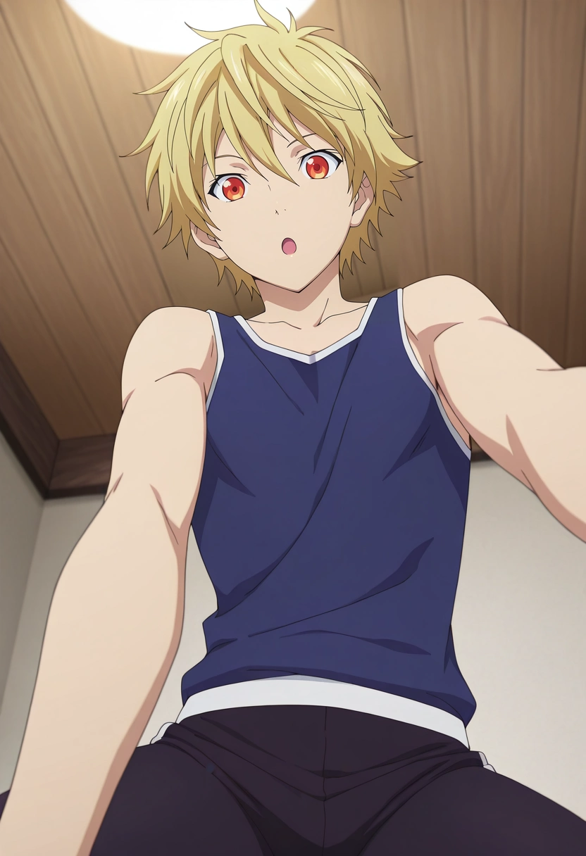masterpiece, best quality, , anime screencap, anime coloring, official style, looking at viewer, 1boy, solo, male focus, <lora:yukine_noragami_ilxl:0.9>, yukine_noragami, blonde hair, red eyes, orange eyes, , from below, fantasy land, indoors, yoga, :o,