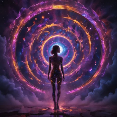 Psychedelic style, a full body girl shot, green eyes, purple bodysuit, crystal, small breasts, jungle night colors background, looking at viewer, young woman detailed, solo, realistic, art nouveau stained glass, glowing night lights, realistic, she stand at a small stage floor, overlooking an infinite cosmic rave with glowing star crystals that shimmer in different colors.  colorful liquid matching her luminous jewelry. The view of stars and swirling galaxies and light trails in the background gives a dreamy feel to this moment. Long Exposure Shot: Set your shutter speed to several seconds or minutes and use a tripod to keep the camera steady while capturing motion like light trails or flowing water
 glowneon, glowing, sparks, lightning, - Generate images with sharp edges and fine details.
- Produce high-resolution images with no blurriness or distortions.
- Create images with clear and well-defined subjects.
- Ensure that the output images have crisp lines and distinct features.
- Generate images with vibrant colors and accurate tones.
- Avoid noise or artifacts in the generated images.
- Focus on producing clear textures and patterns in the images.
- Emphasize clarity and definition in all aspects of the generated images.
- Prioritize the sharpness and clarity of the main subjects in the images.
- Optimize the AI model to produce clear and visually appealing images., Wlop, By art germ . Vibrant colors, swirling patterns, abstract forms, surreal, trippy