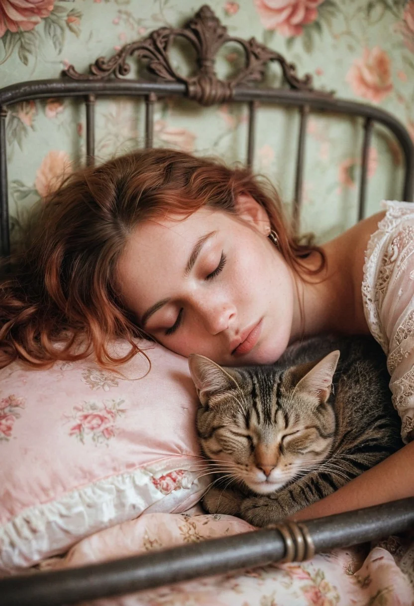 a closeup photo of a bohemian woman with rosy skin and a cat, they are cuddled up and sleeping in a bed, the bed has a romantic metal frame, it’s placed in a palace bedroom with floral wallpaper, vintage colors, 35mm photography