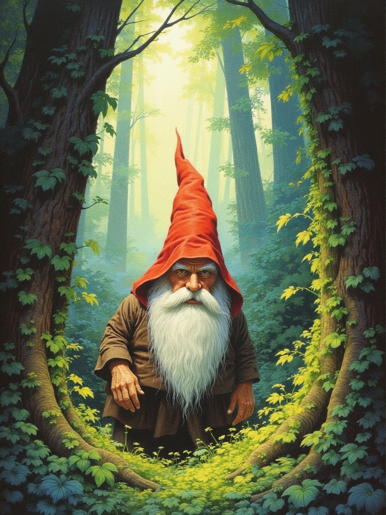drkfnts style, A detailed realistic portrayal of a gnome-like figure nestled within a dense forest. The gnome with a prominent red hat and a long white beard is depicted in a contemplative pose looking directly at the viewer. The forest is lush with green foliage and the background is filled with tall trees their trunks and branches adding depth to the scene. The color palette is dominated by various shades of green from the deep greens of the forest floor to the lighter almost ethereal hues of the sky peeking through the canopy. The gnome is dressed in a rustic earth-toned outfit which contrasts with the vibrant colors of the surroundings. The gnome's pose is relaxed yet poised with one hand resting on the ground and the other hanging by its side inviting the viewer to immerse themselves in the story behind the scene, dark fantasy, <lora:sxz-Dark-Fantasy-v2-Flux:1>