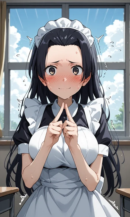 score_9,score_8_up,score_7_up,source_anime,masterpiece,best quality,perfect anatomy,very aesthetic,absurdres BREAK
<lora:TestLV12:1>,test,large breasts,long hair,(forehead:0.7),looking at viewer,light smile,maid,enmaided,<lora:fidgeting:0.8>,index_fingers_together,embarrassed,full-face_blush,f1dg3tingXL,fidgeting,nervous,shy,trembling,motion_lines,sweat,window,cloudy sky,short sleeves,classroom,