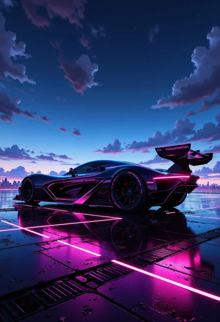 lineart, masterpiece, high-quality, A sleek racing hovercraft parked on the edge of a neon-lit platform, its angular design catching streaks of light from the city below, The faint glow of the horizon enhances its futuristic aerodynamic silhouette, futuristic design, reflective surfaces, glowing accents, dynamic lighting, (elaborate fine details:1.1), (hyperdetailed:1.1), (intricate details:1.0), (Refined details:1.1), (best quality:1.1), (high resolution:1.2),,