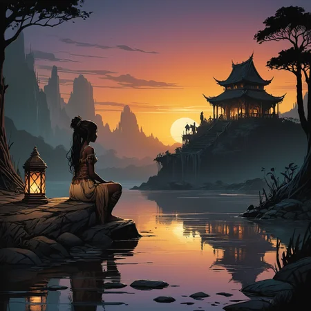 dark art by Greg Rutkowski and Brian Kesinger, awardwinning, [Tribal|Fatigued] Speaker, at Dawn, Visual novel, Beautifully Lit