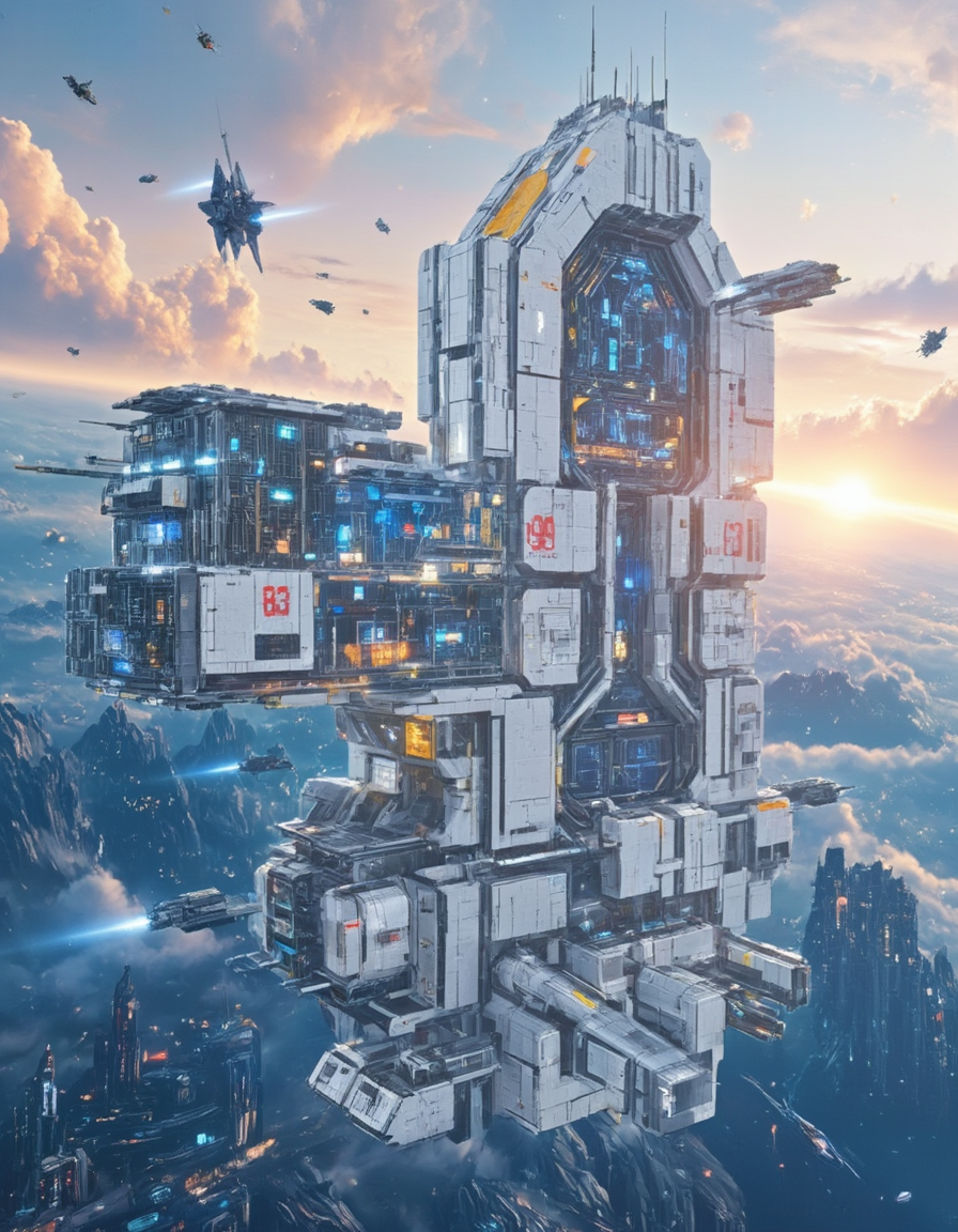 <lora:SW_Minis_3v2flux:1> A massive futuristic white space station floating above a detailed planet, with the sun setting on the horizon. The space station has a highly detailed and futurist design, featuring metallic structures with a cyberpunk city on its surface, glass, concrete, glowing blue lights, and various modules attached to its frame. Smaller spacecraft are seen flying around it, enhancing the scale and depth of the scene. The number "93" is painted in red on its surface.
 swminis3all, anime, test3