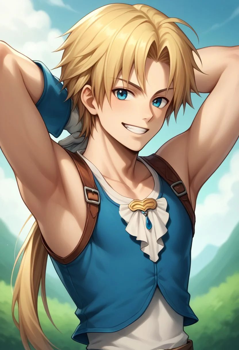 score_9, score_8_up, score_7_up, source_anime, highly detailed, 1boy, solo, skinny,
zidane, 1boy, blonde hair, long hair, monkey tail, low ponytail, bangs, parted bangs, male focus, solo, gloves, blue eyes, upper body, smile, grin, hands behind head,
outdoor,