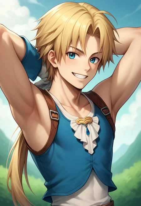 score_9, score_8_up, score_7_up, source_anime, highly detailed, 1boy, solo, skinny,
zidane, 1boy, blonde hair, long hair, monkey tail, low ponytail, bangs, parted bangs, male focus, solo, gloves, blue eyes, upper body, smile, grin, hands behind head,
outdoor,