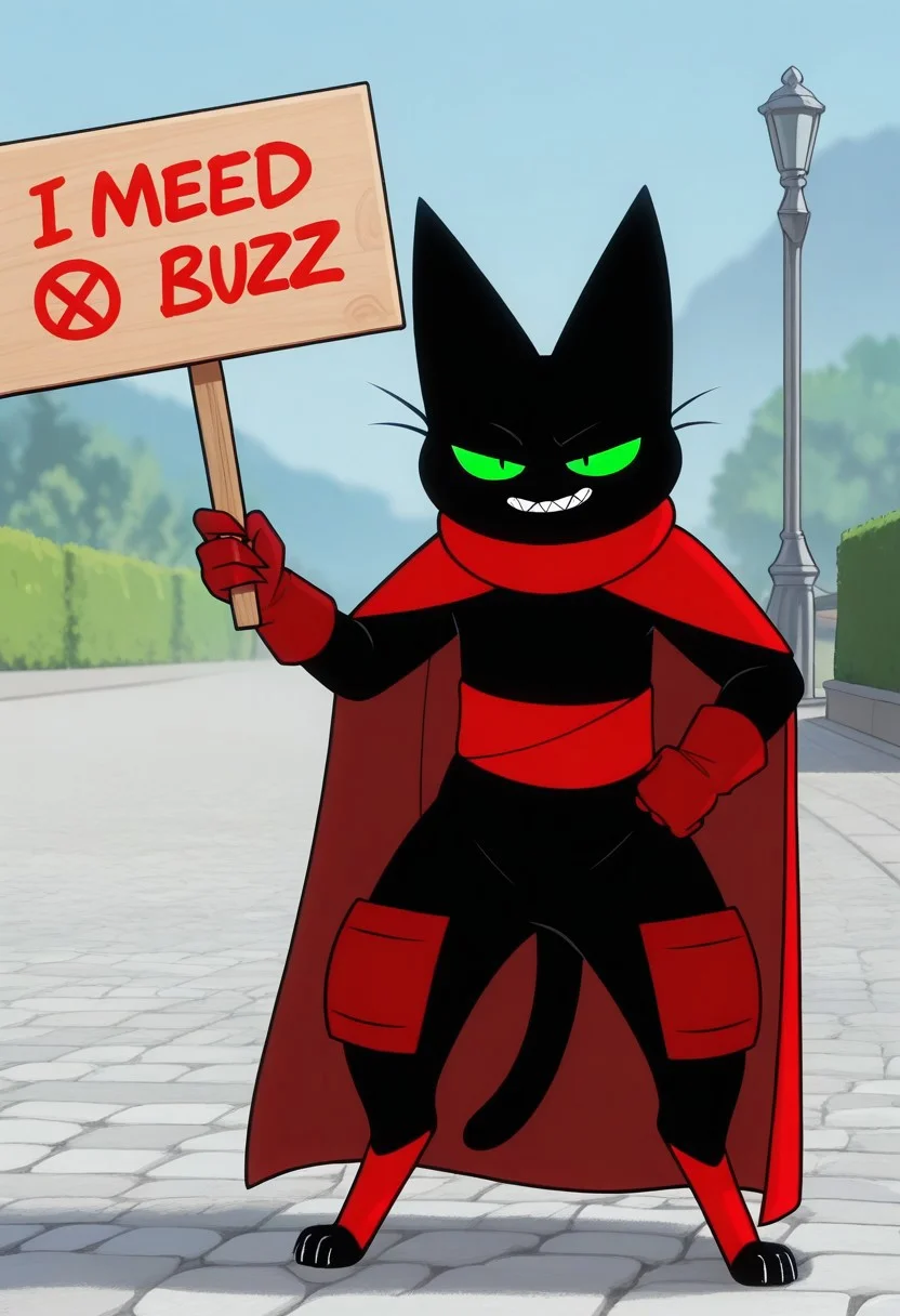 masterpiece, best quality, amazing quality, m4om4o, male, furry male, anthro, solo, cat, black fur, green sclera, black pupils, whiskers, sharp teeth, sharp nails, paw pads, red cape, red sash, red gloves, red knee guards, red ankle bands, standing, confident smirk, (I NEED BUZZ, holding sign:1.5), holding sign, outdoors,