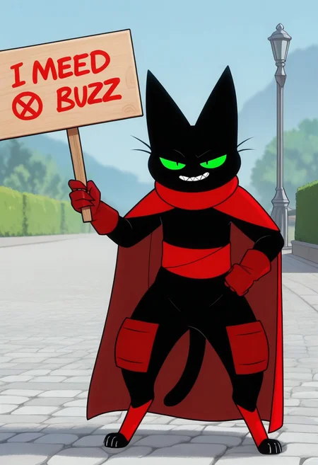 masterpiece, best quality, amazing quality, m4om4o, male, furry male, anthro, solo, cat, black fur, green sclera, black pupils, whiskers, sharp teeth, sharp nails, paw pads, red cape, red sash, red gloves, red knee guards, red ankle bands, standing, confident smirk, (I NEED BUZZ, holding sign:1.5), holding sign, outdoors,