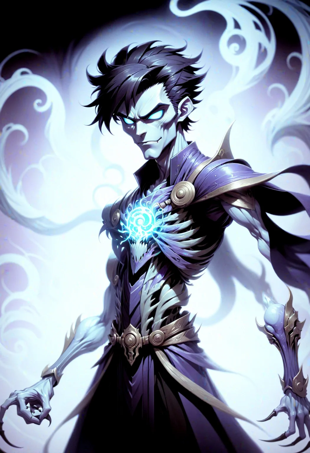 DonMD4rkT00nXL anime male mind-controlling entity- translucent, mesmerizing creatures emanating hypnotic patterns and lights, craftsman,, necromancer's scythe <lora:DonMD4rkT00nXL-000008:1>
