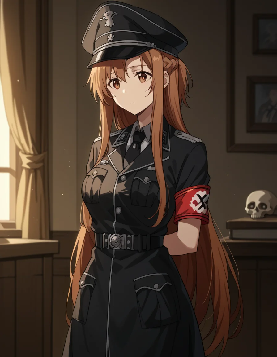 score_9, score_8_up, score_7_up, source_anime, asunayuuki, <lora:asuna-yuuki-s1-ponyxl-lora-nochekaiser:1>, asuna yuuki, long hair, brown hair, brown eyes, medium breasts,, <lora:warden-ponyxl-lora-nochekaiser_r1:1>, skull hat ornament, uniform, military uniform, black uniform, hat, cap, black cap, armband, collared shirt, black necktie,, indoors, hands behind back,, cowboy shot,