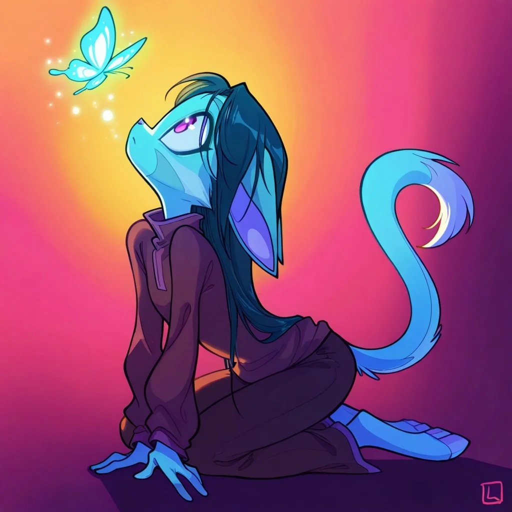 score_9, score_8_up, score_7_up,lilith_calah,
1girl,solo,furry,tail,dark green hair, source_furry,
 ,<lora:lilith_calah_illustrious:0.8>,
masterpiece, child, kid, 
stylized, in soft warm hues, ethereal neon glow,, looking up at a floating  butterfly, dreamy and surreal masterpiece, best quality, amazing quality, very aesthetic, absurdres, detailed eyes, newest,