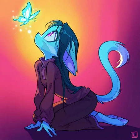 score_9, score_8_up, score_7_up,lilith_calah,
1girl,solo,furry,tail,dark green hair, source_furry,
,<lora:lilith_calah_illustrious:0.8>,
masterpiece, child, kid,
stylized, in soft warm hues, ethereal neon glow,, looking up at a floating butterfly, dreamy and surreal masterpiece, best quality, amazing quality, very aesthetic, absurdres, detailed eyes, newest,