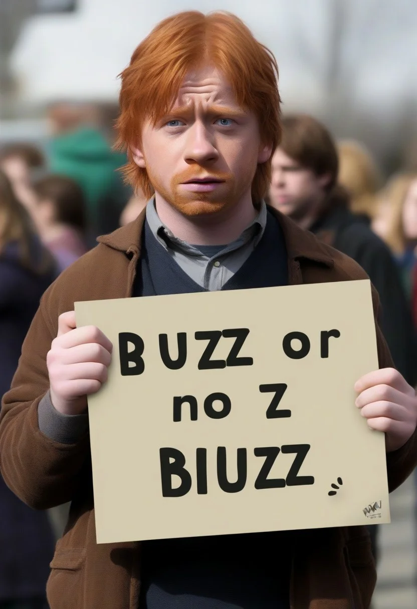 <lora:PE_HoldingSign:0.8> PEHoldingSign, sad face,
Ron weasley holding a sign that says Buzz or Thumbzz