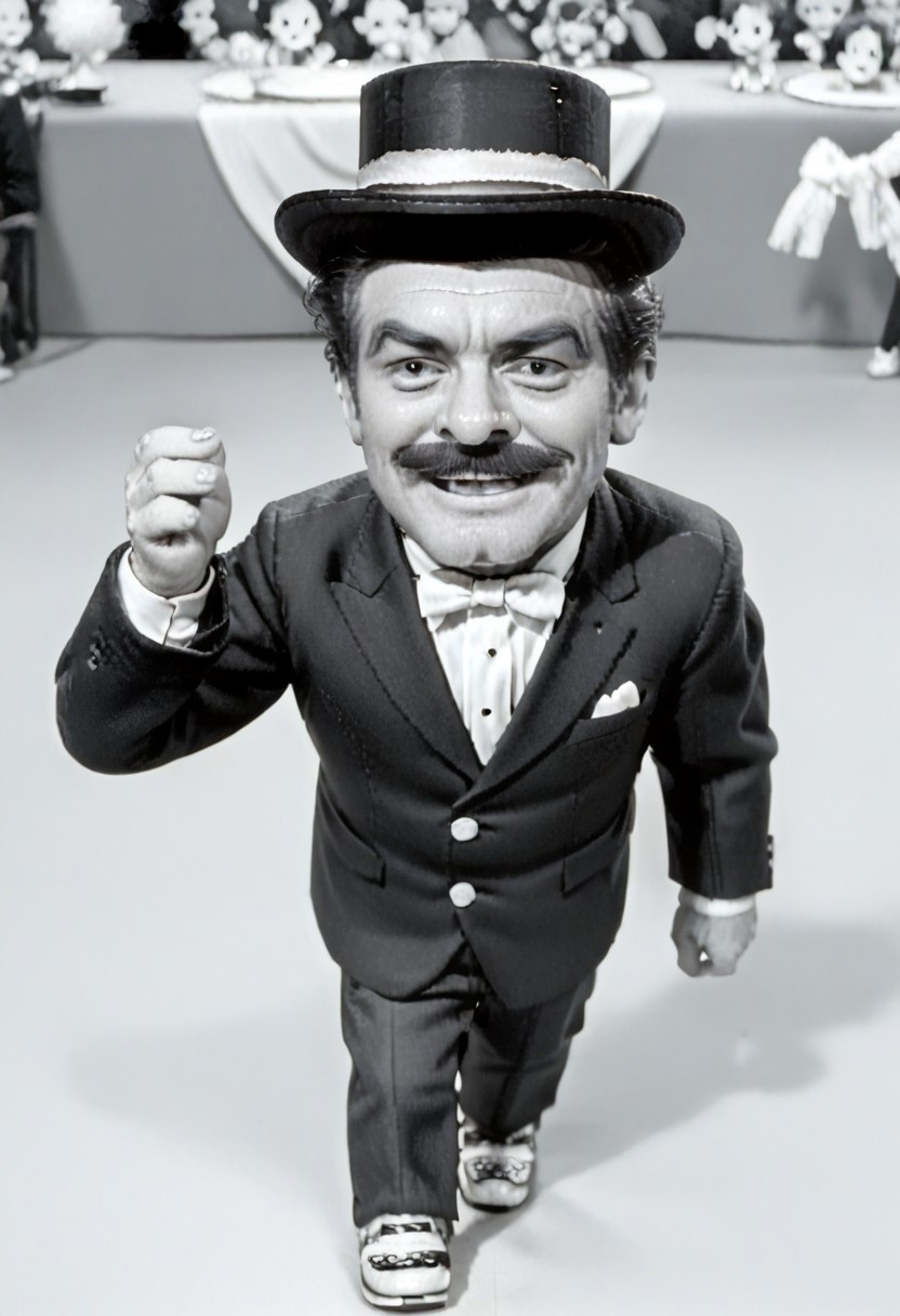 (((black and white, monochrome, greyscale))),((dancing,fully clothed, small man with mustache, top hat, kenbis, chibi, chibi, male only, dancing, male, male chibi, monocle, art deco, thick mustache, comically large mustache, handlebar mustache, tiny, multiple men, shrunk, microxl, some little guys,  high angle, from above)), bwMovies, realistic, photo, vintage photo, ((very small man, small man, a small man, a man who is small, a small man)) suit, an unapologetically small human male, black and white, smiling, very happy, euphoric, ecstatic, wonderful small men, large smile, huge smile