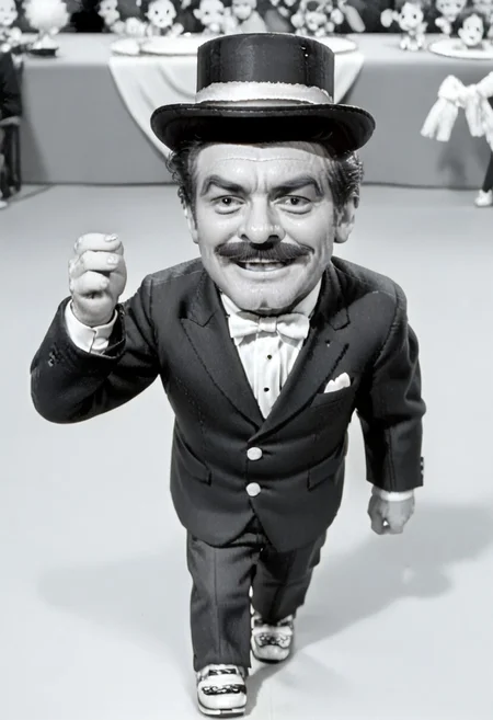(((black and white, monochrome, greyscale))),((dancing,fully clothed, small man with mustache, top hat, kenbis, chibi, chibi, male only, dancing, male, male chibi, monocle, art deco, thick mustache, comically large mustache, handlebar mustache, tiny, multiple men, shrunk, microxl, some little guys, high angle, from above)), bwMovies, realistic, photo, vintage photo, ((very small man, small man, a small man, a man who is small, a small man)) suit, an unapologetically small human male, black and white, smiling, very happy, euphoric, ecstatic, wonderful small men, large smile, huge smile