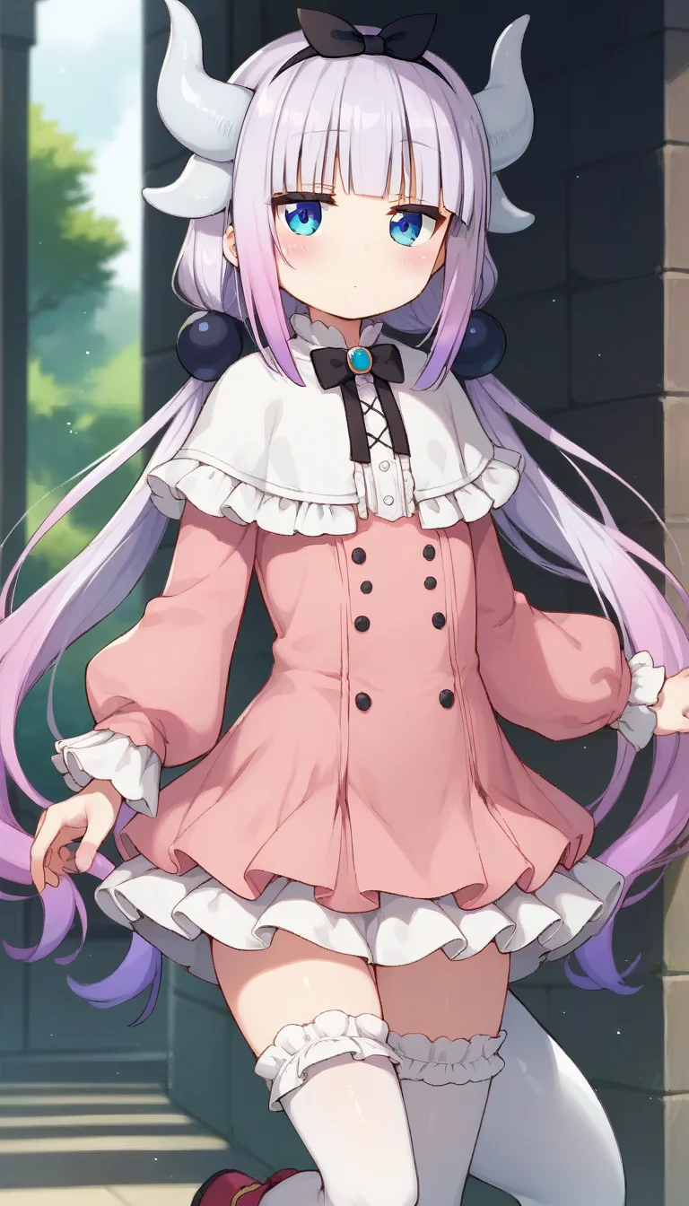 score_9,score_8_up,score_7_up,score_6_up BREAK official art,solo,outdoors,upper body,(portrait:1.5),looking at viewer,facing viewer,blush,expressionless,deadpan,jitome,Kanna Kamui,female child,dragon horns,white horns,very long hair,white hair,gradient hair,light purple hair,low twintails,hair beads,hair ornament,black hairband,hair bow,black bow,blunt bangs,blue eyes,frilled capelet,white capelet,pink dress,microdress,long sleeves,puffy sleeves,flat chest,white skirt,thighs,tail,zettai ryouiki,frilled thighhighs,white thighhighs,red footwear,<lora:Kanna Kamui(mkdm)-Pony:1.2>,